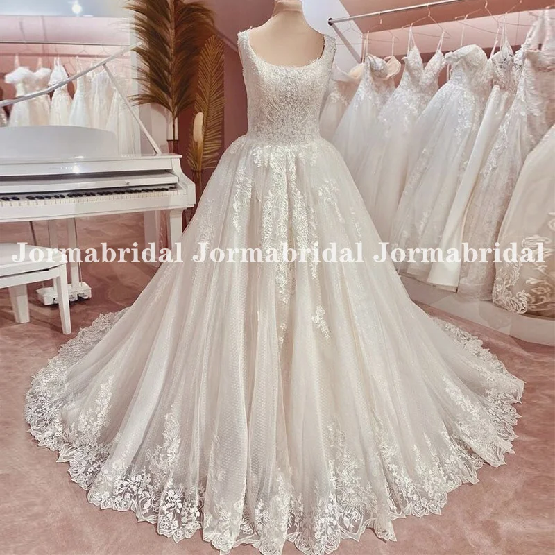 

Princess Square Collar Wedding Dresses With Lattice Tulle Puffy Ball Gown Lace Applique Bridal Gowns Long Train Bride Dress