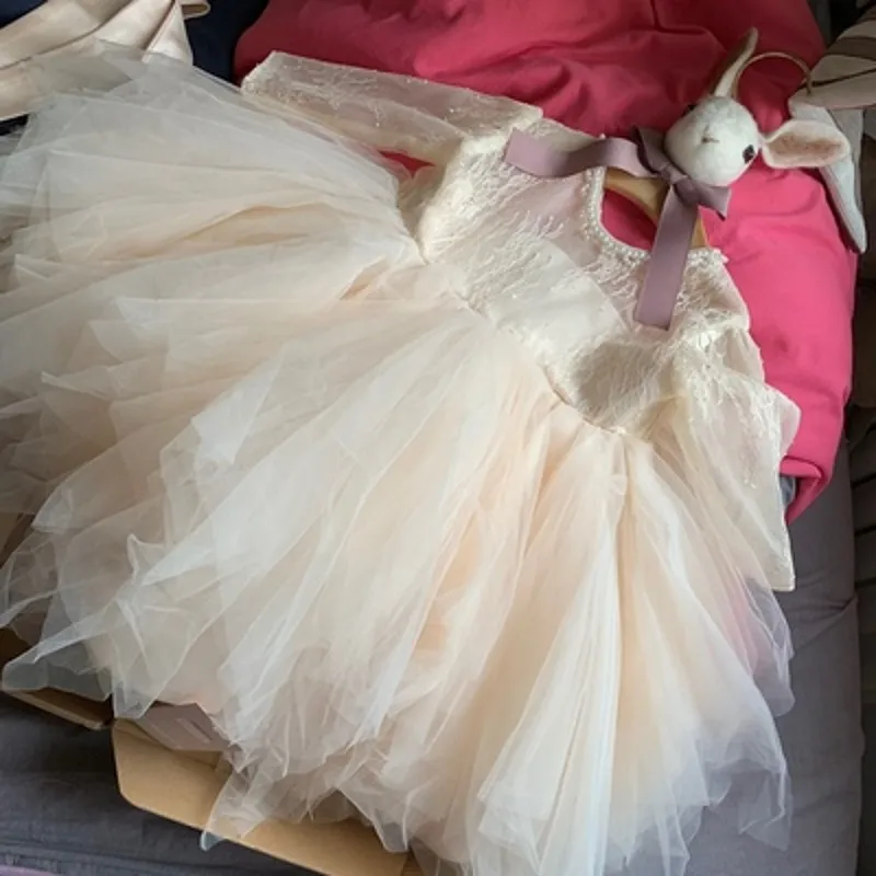 Vestido de bautizo de tul champán para niña recién nacida, traje de princesa para primer cumpleaños, fiesta