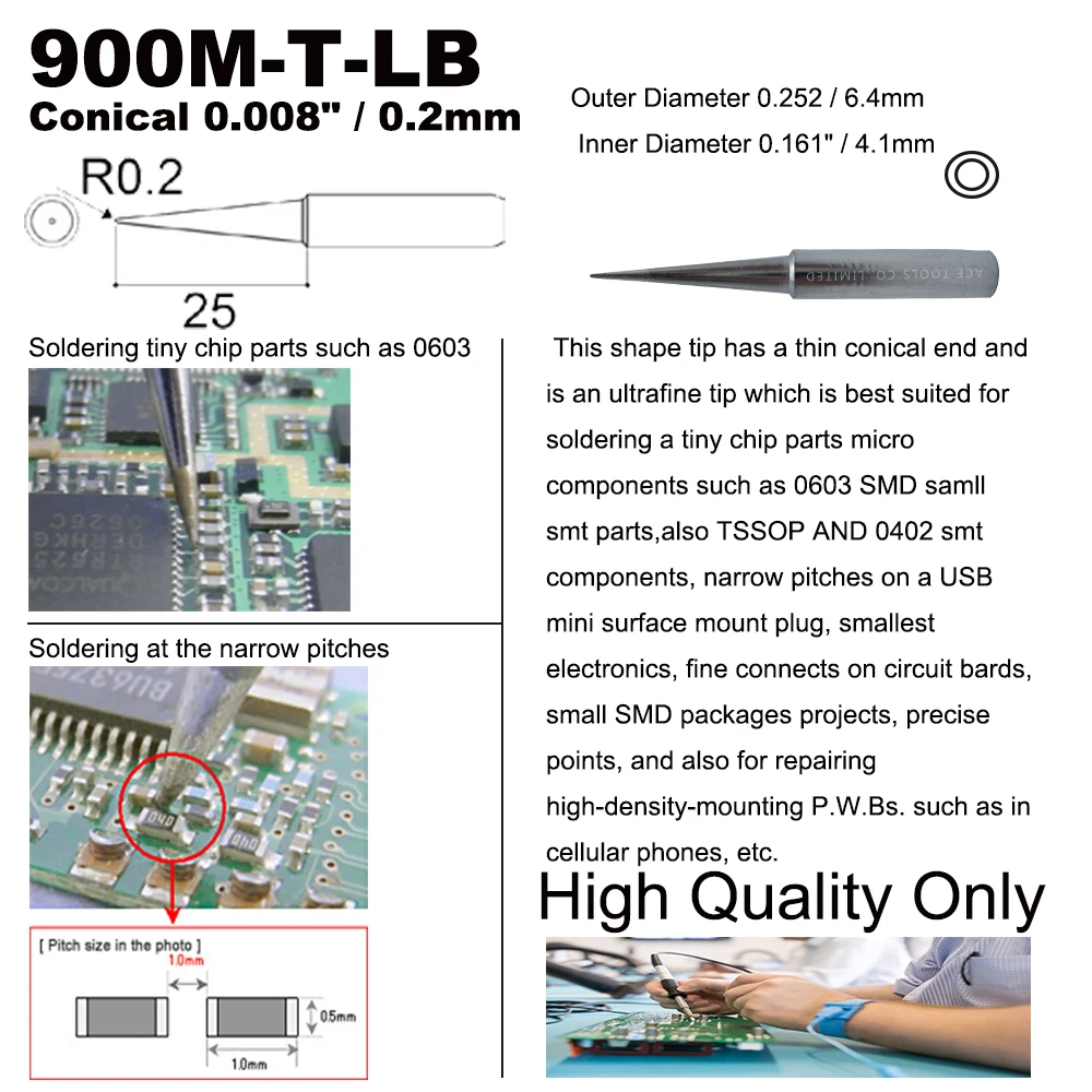 Punta de soldadura 900M-T-LB cónica 0,2mm para Hakko 936 907 Milwaukee M12SI-0 Radio Shack 64-053 Yihua 936 x-tronics 3020, broca de hierro