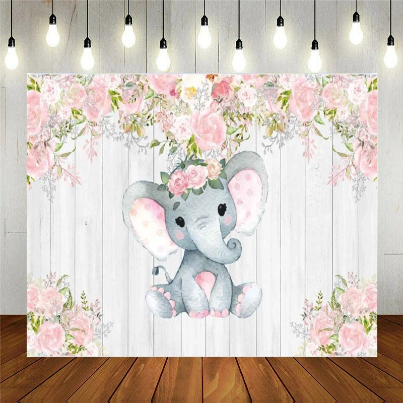 出生前のパーティーの写真の背景,ピンクの花,木製の女の子のバナー,象の花のポスター,誕生日の背景,ケーキテーブルの装飾