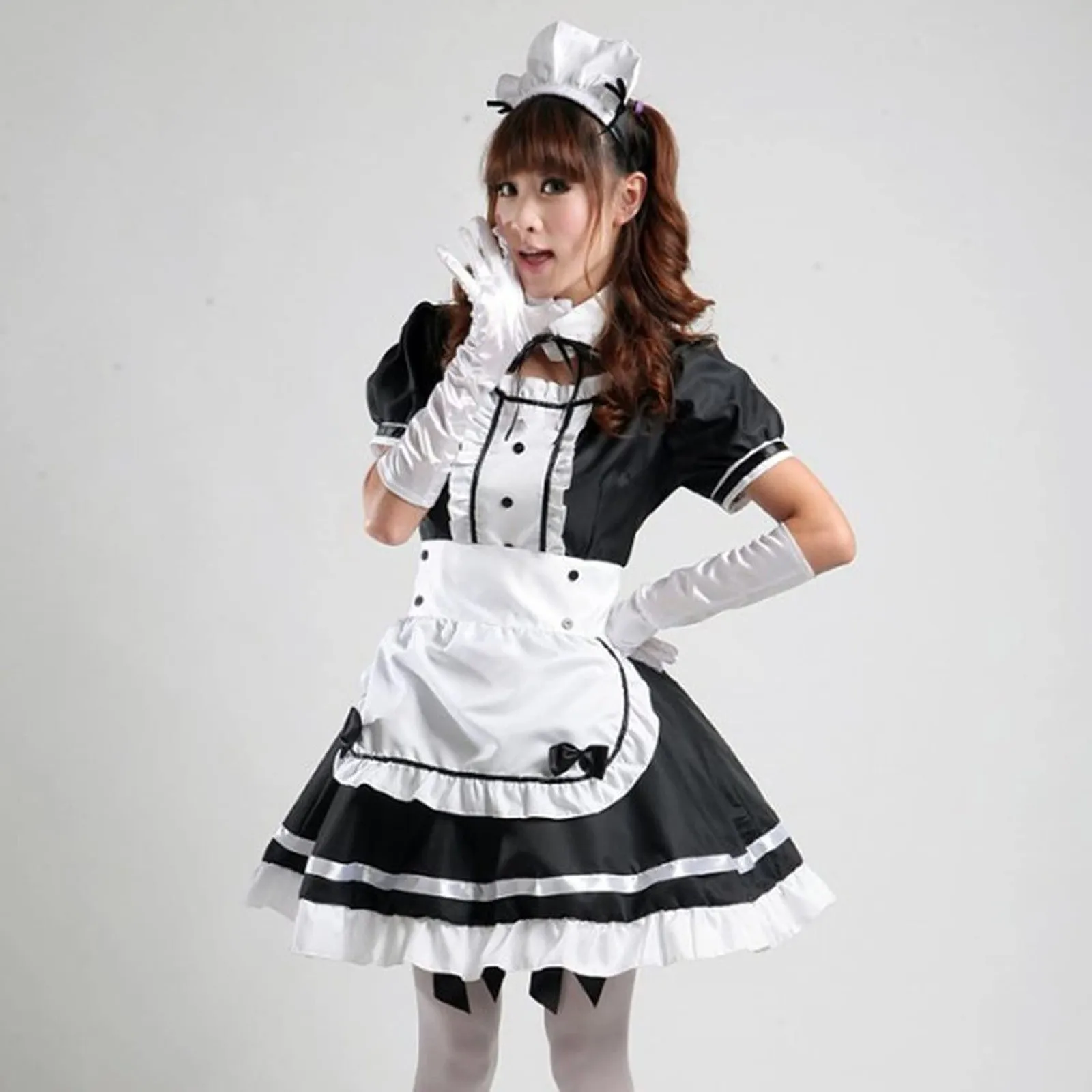 2021 Sexy Lingerie Lolita Maid Cosplay Costume Women Headwear Apron Fake Collar Bowknot Black Dress Halloween Party Outfit