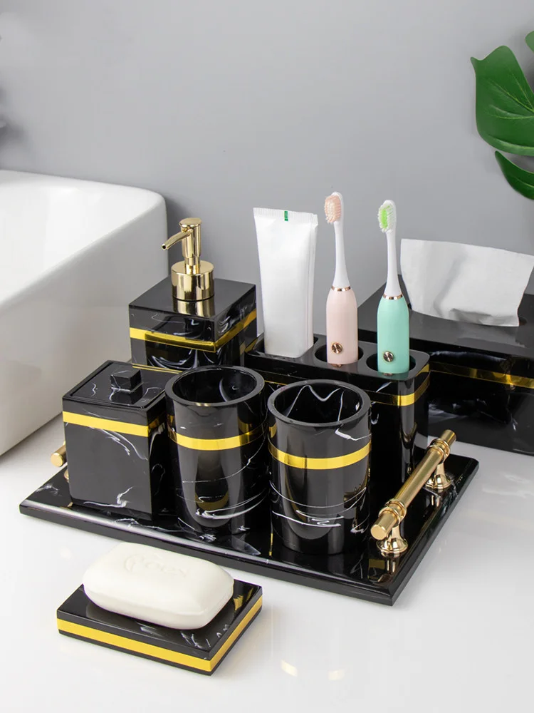 Resin Bathroom Set Liquid Soap Dispenser Toothbrush Holder Gargle Cup Tray Cotton Swab/Tissue Box 4-5 Piece Set Nordic Style