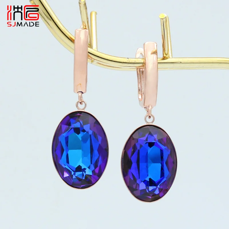 SHENJIANG New Fashion Simple Exaggerate Oval Large Crystal Dangle Earrings For Women Wedding Jewelry 585 Rose Gold Color Eardrop