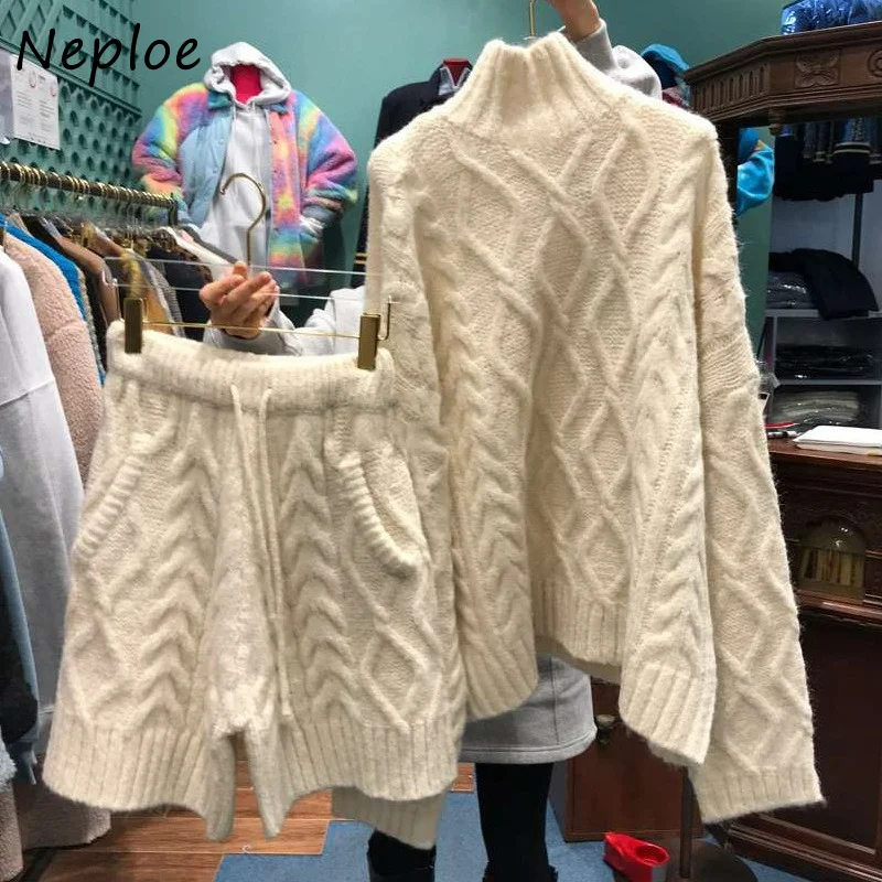 Neploe Casual Sweater Short Suits Women Turtleneck Long Sleeve Tops + Solid Color Knitted Casual Shorts Woman Two-piece Suit