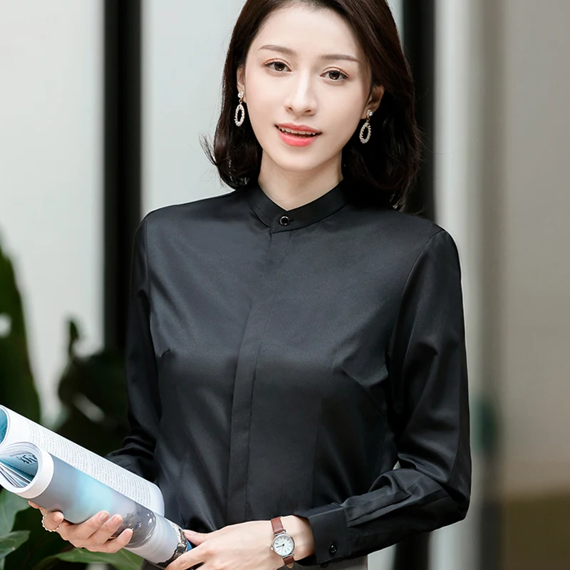 Women’s Long Sleeve Stand Collar Office Formal Casual Shirt Blouse Concealed Button Placket Ladies Office Slim-fit Dress Shirts