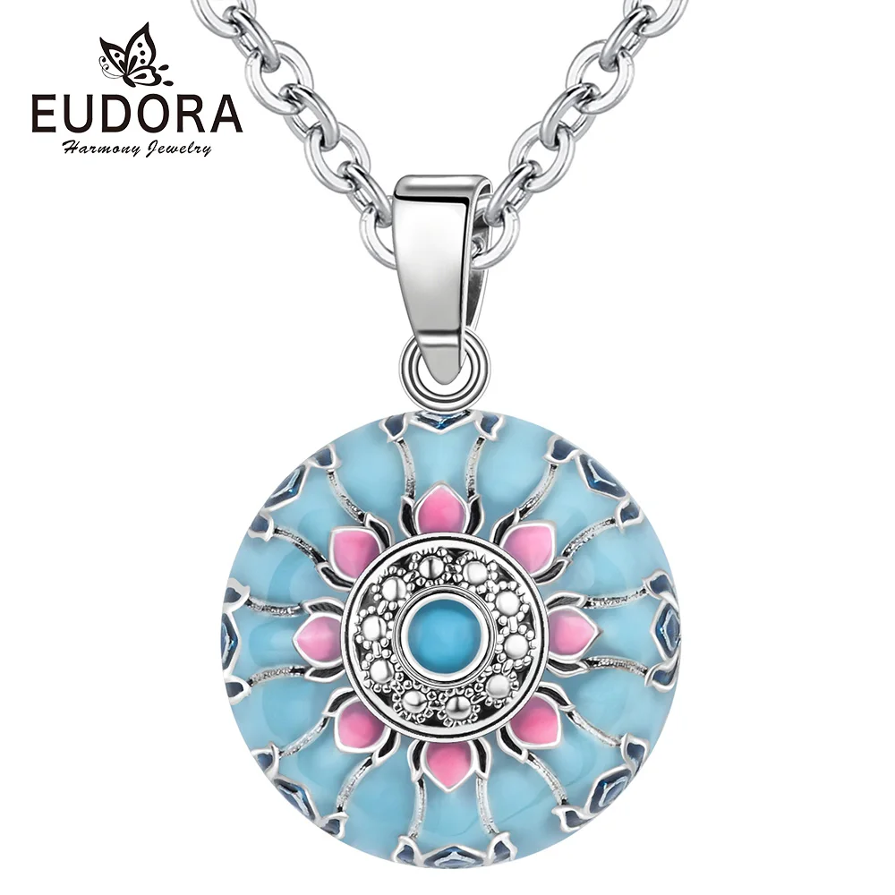 Eudora Blue Pink Lotus Harmony Ball Necklace Music Mexican Ball for Baby Mom Maternity Jewelry Spiritual Yoga Elegant Pendant