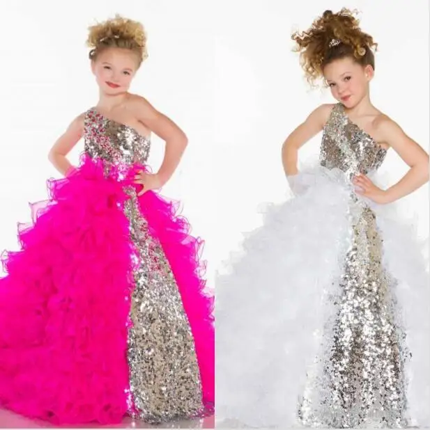 Robe de concours mignonne à fleurs pour filles, à paillettes, volants en cristal, ligne A, en Tulle, avec une épaule dénudée, décolleté, 2020