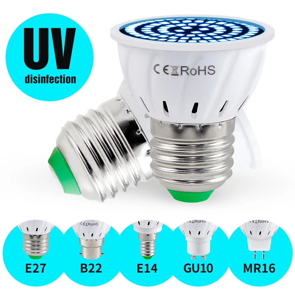 B22 UV Disinfecting Light E14 Germicidal LED Bulb 5W 7W 9W E27 GU10 LED UVC Light Steriliser Lamp MR16 Ultraviolet LED Lamp 220V