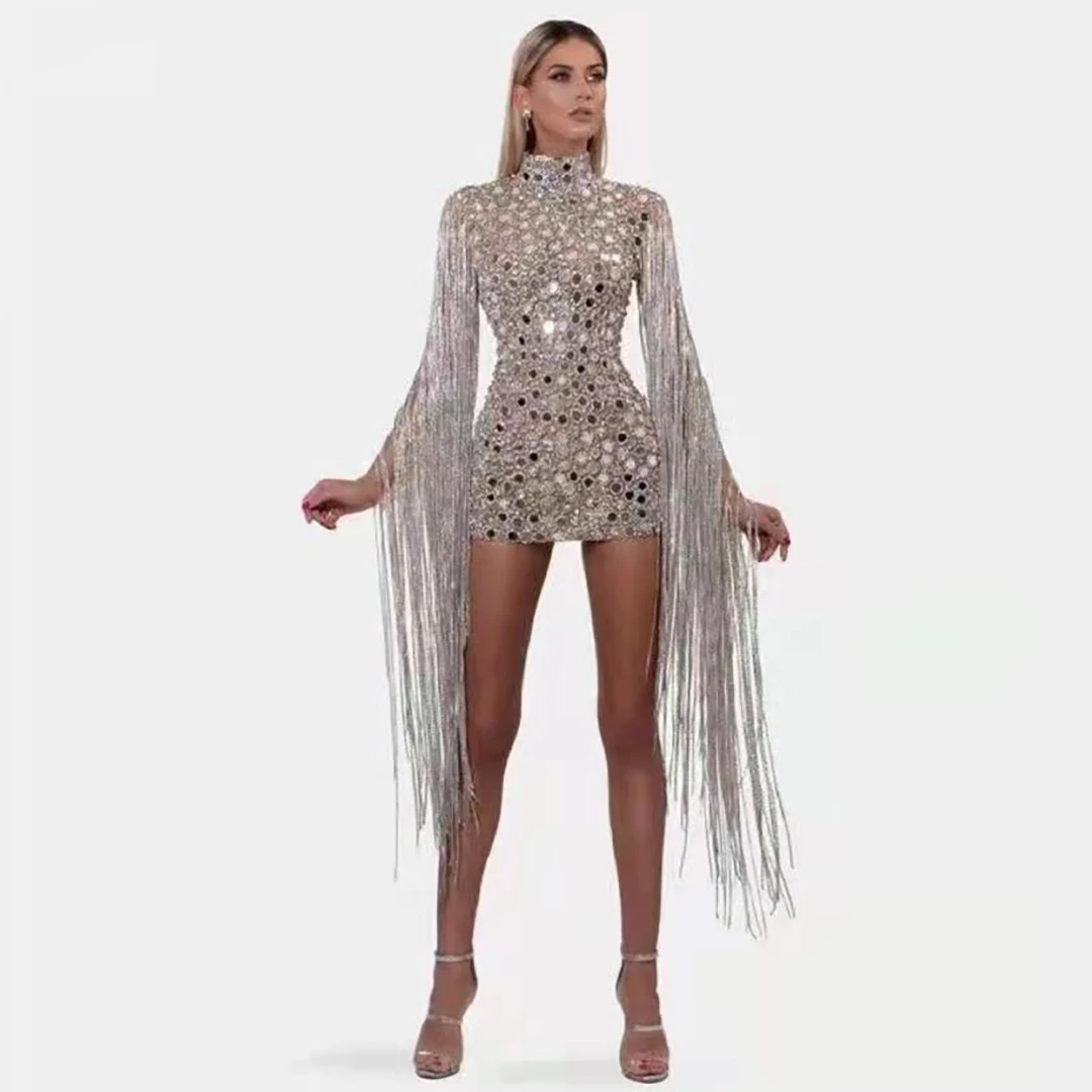 Vestido curto de lantejoulas com strass e borla, traje de cantora feminina, traje de dança noturna, comemoração do baile, festa de aniversário, palco