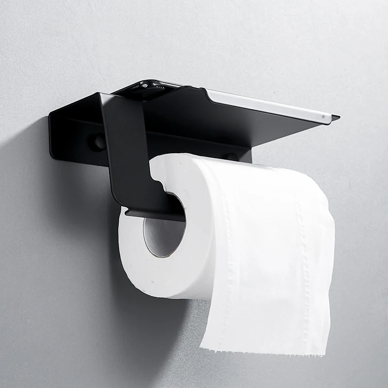 Toilet Paper Holder Black Stainless Steel Bathroom Roll Paper Wall Mount Mobile Phone Rack  Toilet Paper Towel Holder