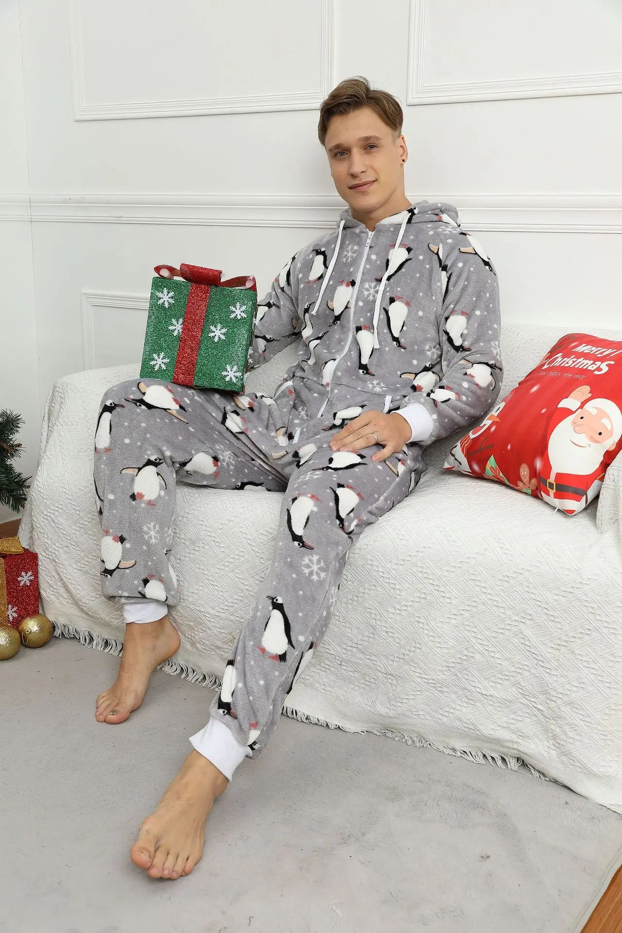 Christmas Long Sleeve Pajamas Men Adults Winter Flannel Jumpsuit Onesie Grey Print Sleepwear Pijama