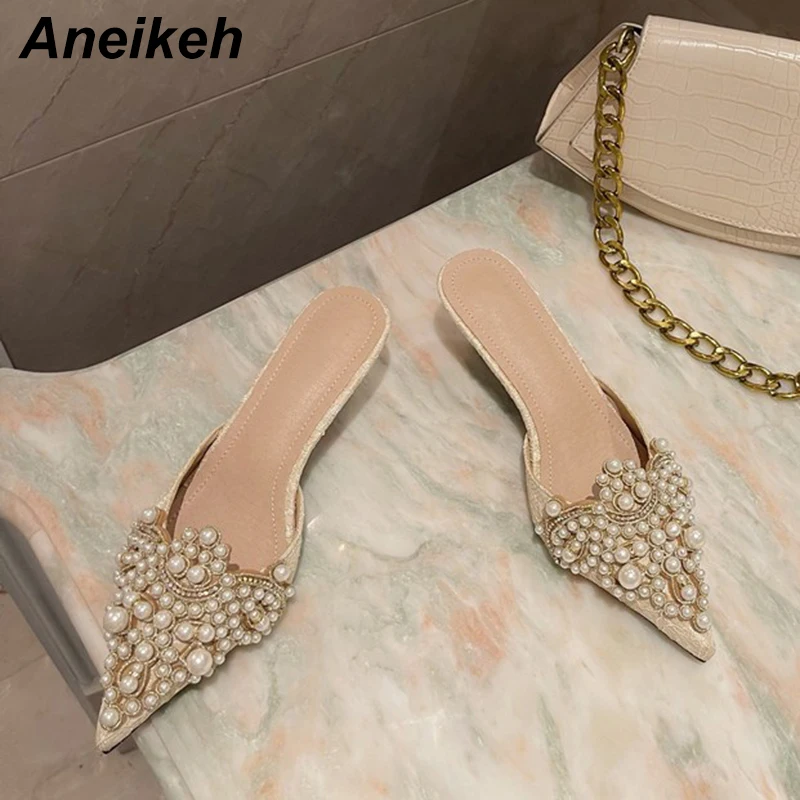 Aneikeh Spring/Autumn Fashion Sexy Women Shoes Elegant String Bead Crystal Patchwork Slip-On 35-42 Thin Heels Slipper NEW 2024