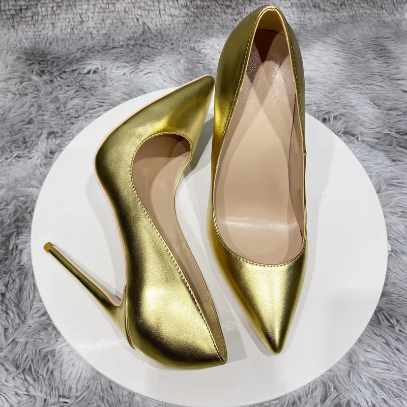 Tikicup Shiny Gold Matte Women PointyToe High Heel Wedding Party Shoes Sparkly Ladies Slip On Stiletto Pumps Large Size 33-45