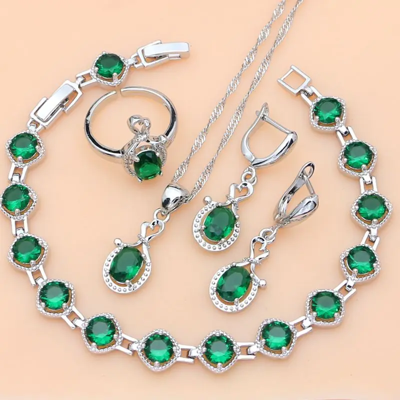 Real Silver 925 Jewelry Sets for Women Green Emerald Birthstone Simple Office Long Earrings Bracelet Necklace Set Gift for Her