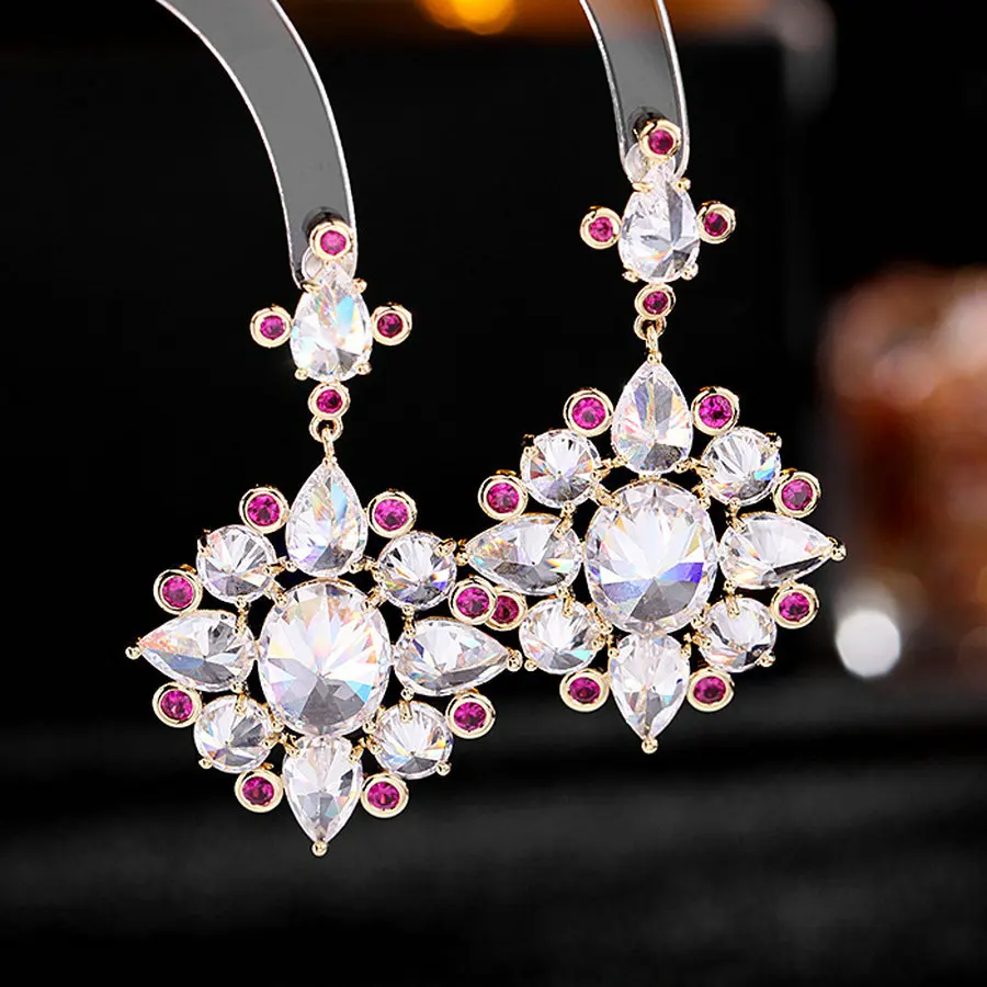 1 Pair Fully-Jewelled Flower Drop Earrings Luxury Elegant Earrings for Women Party Accessories Ear Jewelry