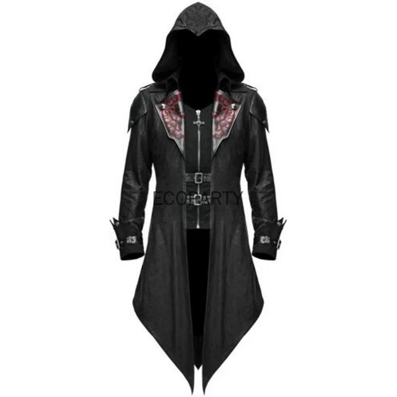 Hot Medieval Retro Hooded Clothing Men Long Sleeve Steampunk Gothic Swallowtail PU Jacket Halloween Cosplay Killer Uniform