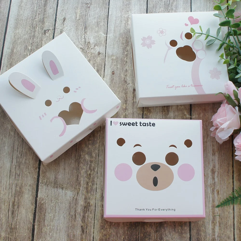 14.4*14.4*5cm Pink Rabbit Bear 10pcs  Macaron Chocolate Paper Box Wedding Favor Christmas Birthday Party Gifts Packaging