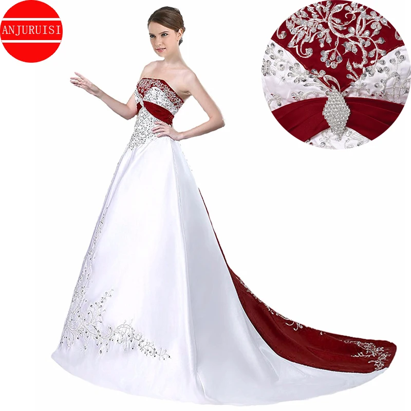 Elegancka haftowana linia Suknia Ślubna 2022 fioletowa burgundowa satynowa zroszony Boda Vestidos De Novia Vintage Suknia Ślubna Trouwjurk