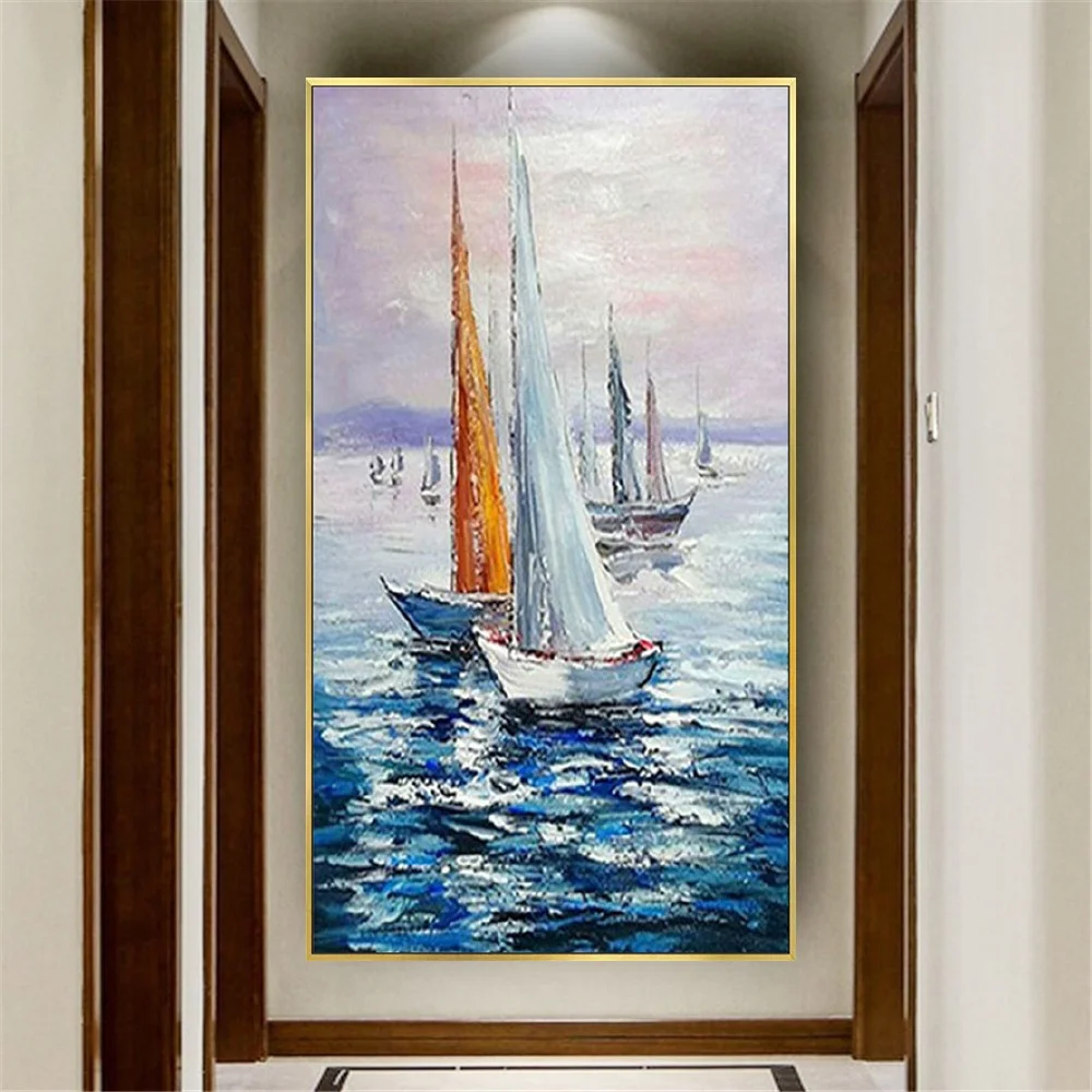 

Nordic Hand-Painted Oil Painting Abstract Seascape Sailboat Picture Modern Texture Canvas Paintings Decor Living Room Wall Art