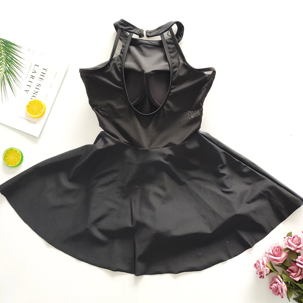 Black Swimsuit Women Summer 2023 High Neck One-piece Swimwear Female Skirt Bathing Suit Padded Push Up Slimming Korean Swimdress