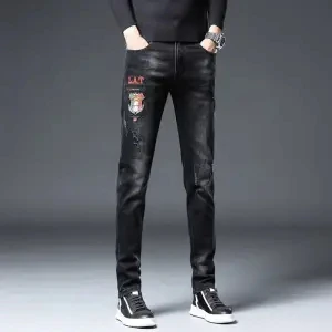 Stretch embroidered jeans men Korean fashion slim leggings black worn-out youth embroidered pants