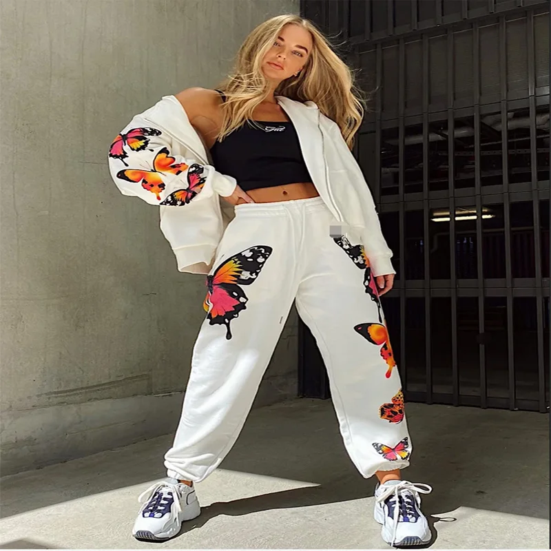 2pcs Women Sets Fashion Tracksuit Butterfly Printed Sport Set Sweatshirt Pants Sets Hooded Jacket Pants Fashion Streetwear