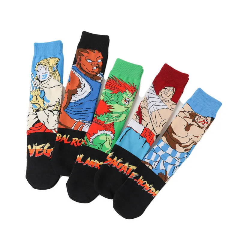 5 pairs of cotton personality anime socks for men in tube Street Fighter game socks trend cartoon men socks