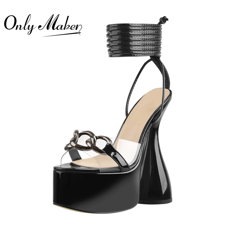 Onlymaker Platform Summer Sandals Lace Up Open Toe Spike High Heels Patent Leather Black Ankle Strap Metal  Big Size Heels