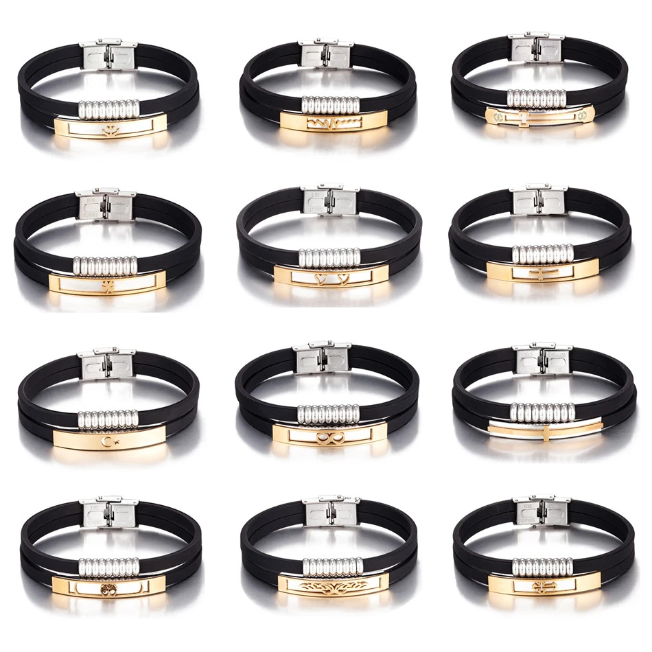 Golden Stainless Steel Bracelets for Women Double Layers Rubber Belt Cuff Bangle Cross Heart Moon Star 8 Infinity Charms Jewelry