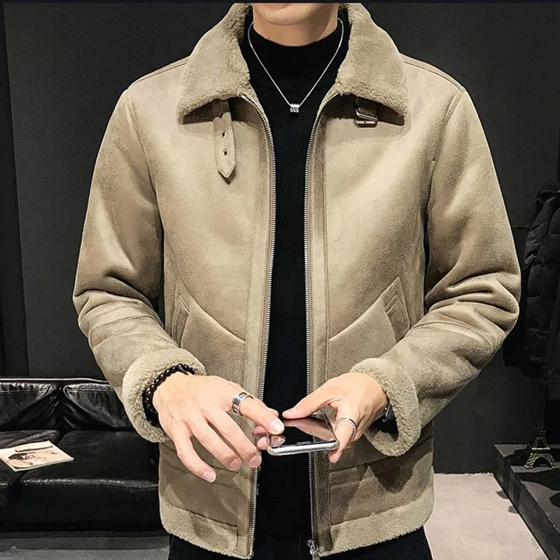 Mens 2022 Autumn Winter Short Loose Lamb Wool Fashion Warm Jacket Hip Hop Turn -Down Collar Pockets Spliced Zipper Vintage Coat