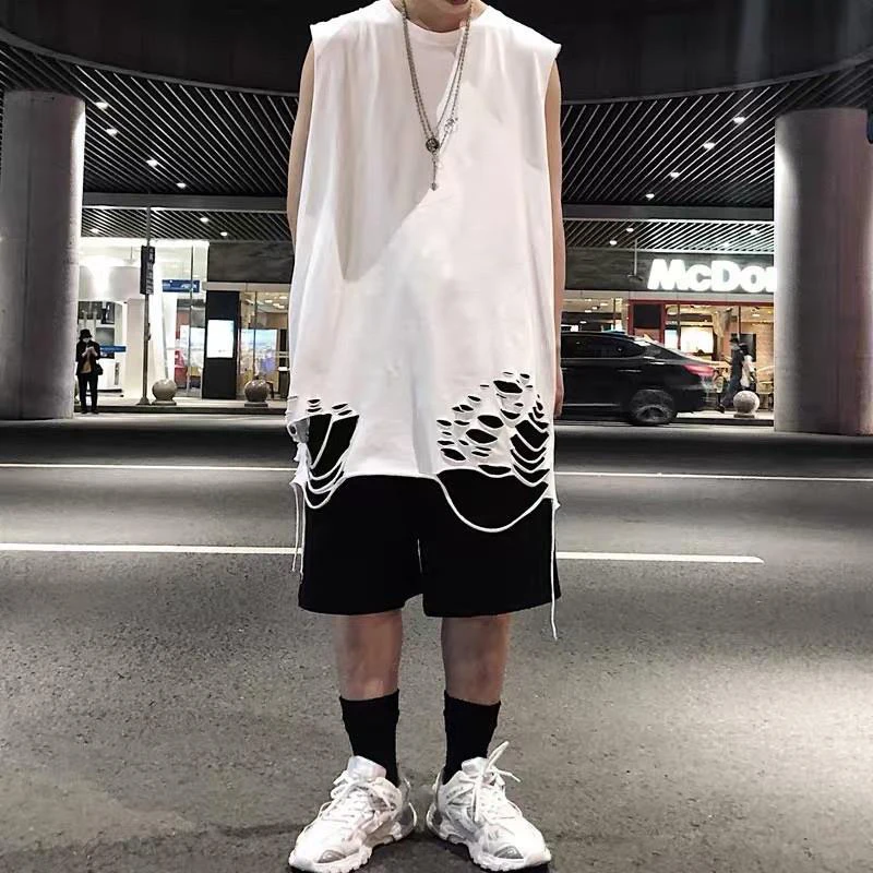 Hip Hop Ripped Hole Men Tank Top Tee Black White Bodybuilding Sports Basketball Run Gym Clothing Vest Japanese Streetwear Tshirt