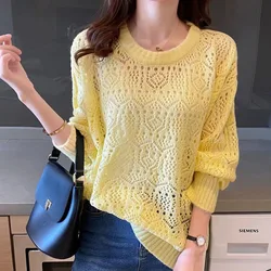 Hollow Out Summer Loose Knitted Pullover Tops Fashion  Thin Cool Pull Jumpers Yellow O-neck Mesh Tops Ladies Mesh Shirt