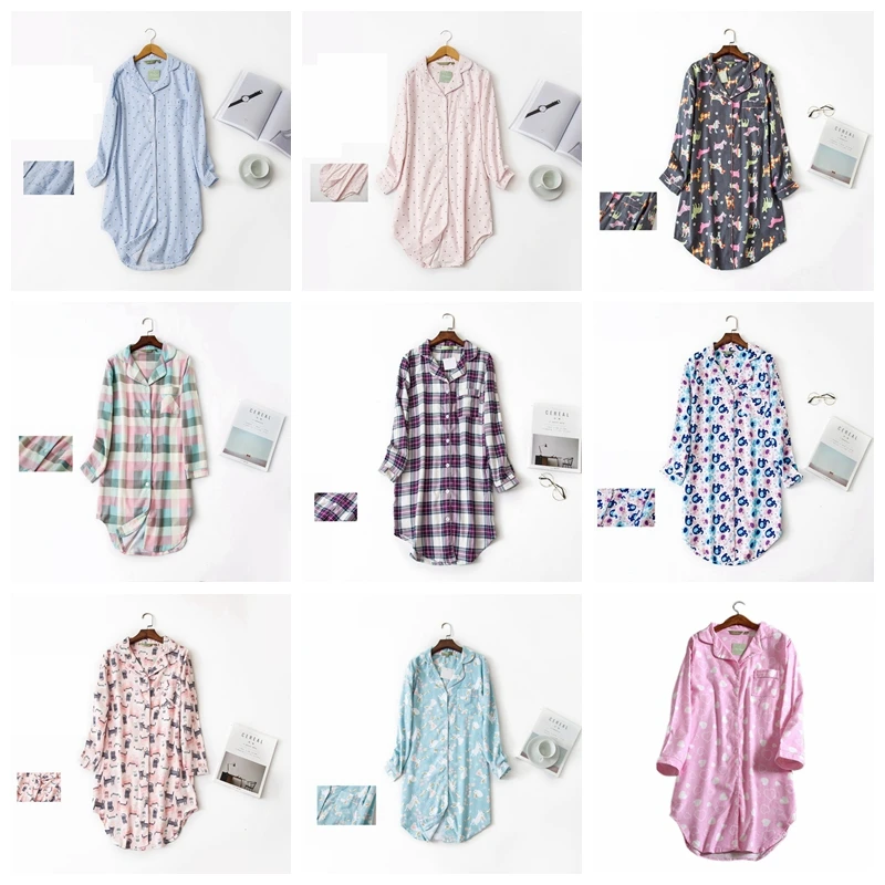 Nightgown 100% Brushed Cotton Nightshirts Women\'s Sleepwear Long Sleeve Plaid Winter Oversize Sleep Dress Women Home Clothes