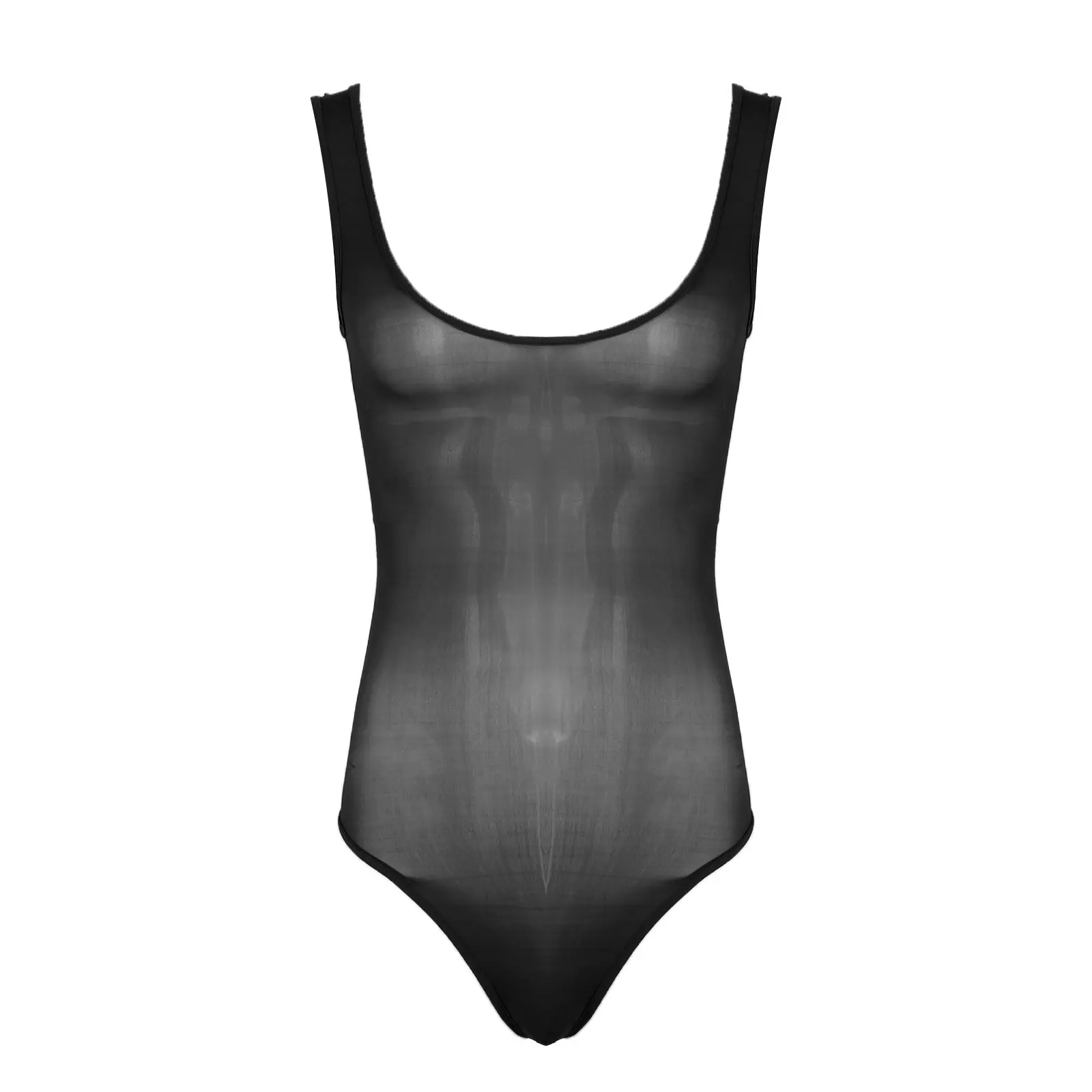 Breathable Men Lingerie Bodysuit Sleepwear Glossy Scoop Neck Sleeveless Underwear See-through Leotard Party Honeymoon Clothing