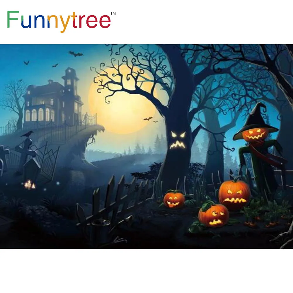 

Funnytree декор для Хэллоуина вечевечерние Тыква призрак ужасный дом полная ночь ветки летучие мыши забор свеча фон