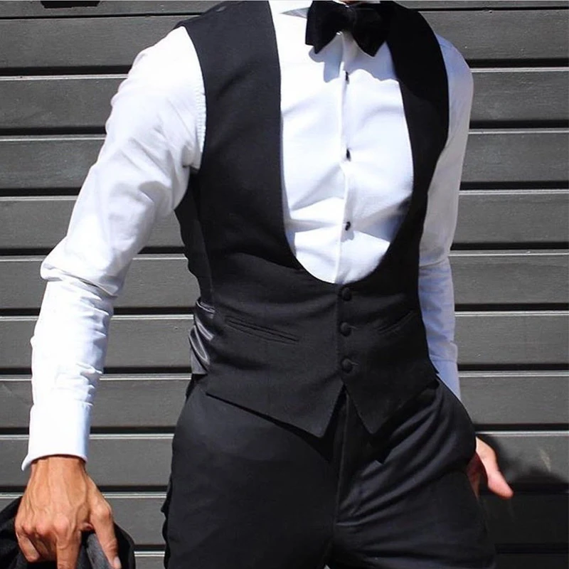 Black Men Vest for Wedding Groom Tuxedo One Piece Slim Fit Waistcoat Solid Color Male Fashoin Clothes