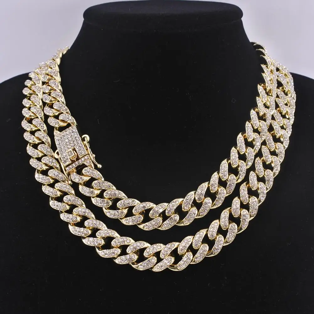 

Heavy men's hip hop miami cuban link chain iced out bling rapper curb rhinestone golden necklace 13mm punk dancer gift jewelry