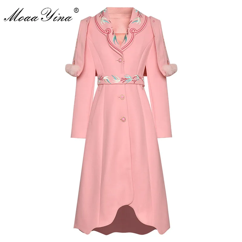 MoaaYina Fashion Designer Woolen coat Winter Women Long sleeve Embroidery Elegant Keep warm cloak Overcoat