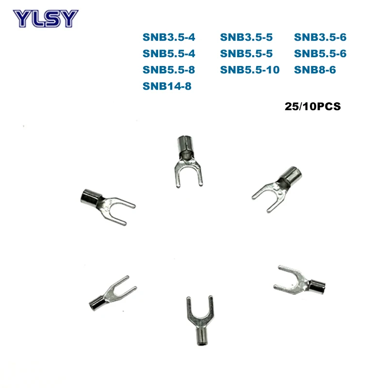 

25/10pcs Spade Bare Crimp Terminals Electrical Cord End Wire Connector SNB3.5/5.5/8/14 Cable Ferrules 14-6AWG 2.5-16mm2