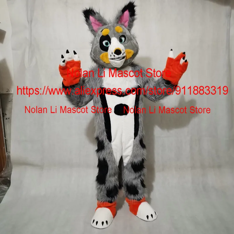 Grijze Volwassen Lange Harige Husky Hond Fox Wolf Mascotte Kostuum Stripfiguur Cosplay Maskerade Festival Viering 1148