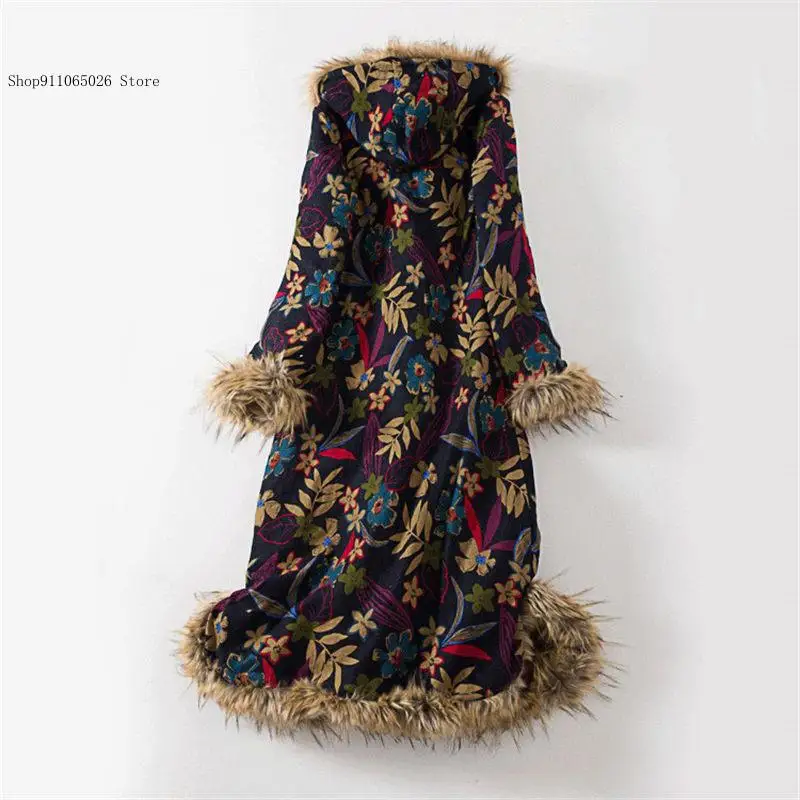 Vintage Cotton Padded Clothes Jaqueta Feminina Ethnic Style Winter Coat Fur Collar Long Dust Coat Windbreaker Cotton Linen