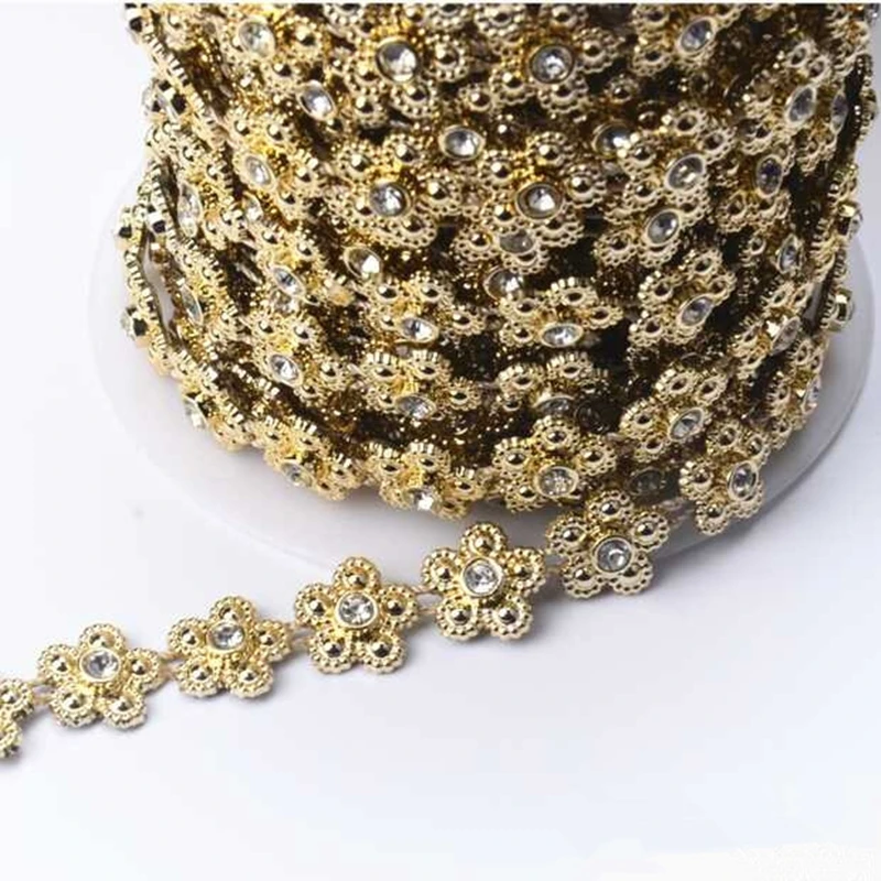 5 Yards/Lot Gold Rhinestone Flower Chain Resin Crystal Sewing Lace Beaded Plastic Base Trimming For Shoes Bag Clothes Decoration