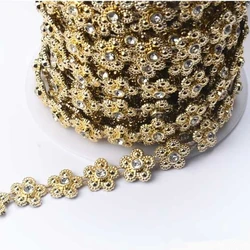 5 Yards/Lot Gold Rhinestone Flower Chain Resin Crystal Sewing Lace Beaded Plastic Base Trimming For Shoes Bag Clothes Decoration