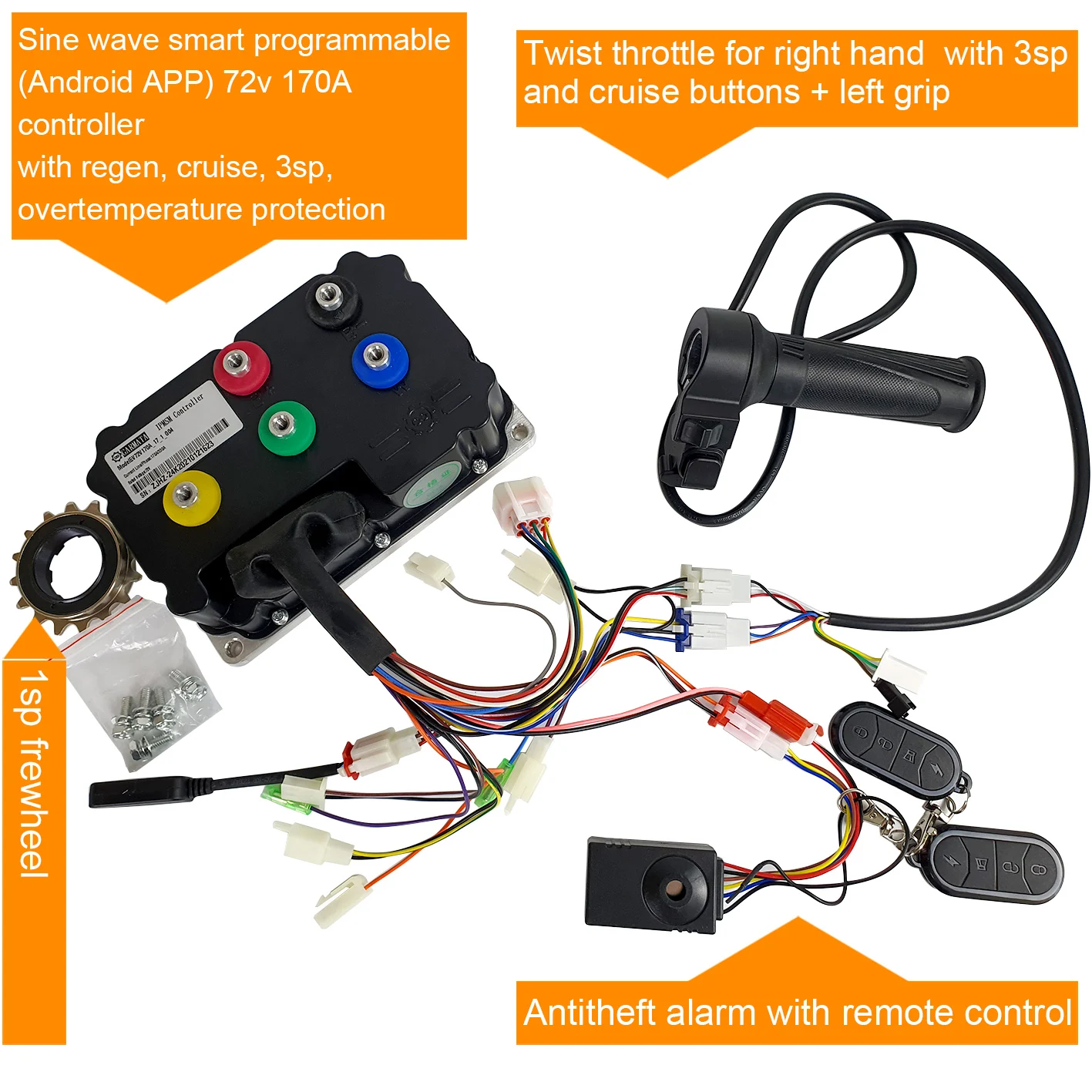 

Ebike Programmable Sine Wave 48-72v Controller +Twist throttle+left grip+Antitheft alarm for Electric Bicycle