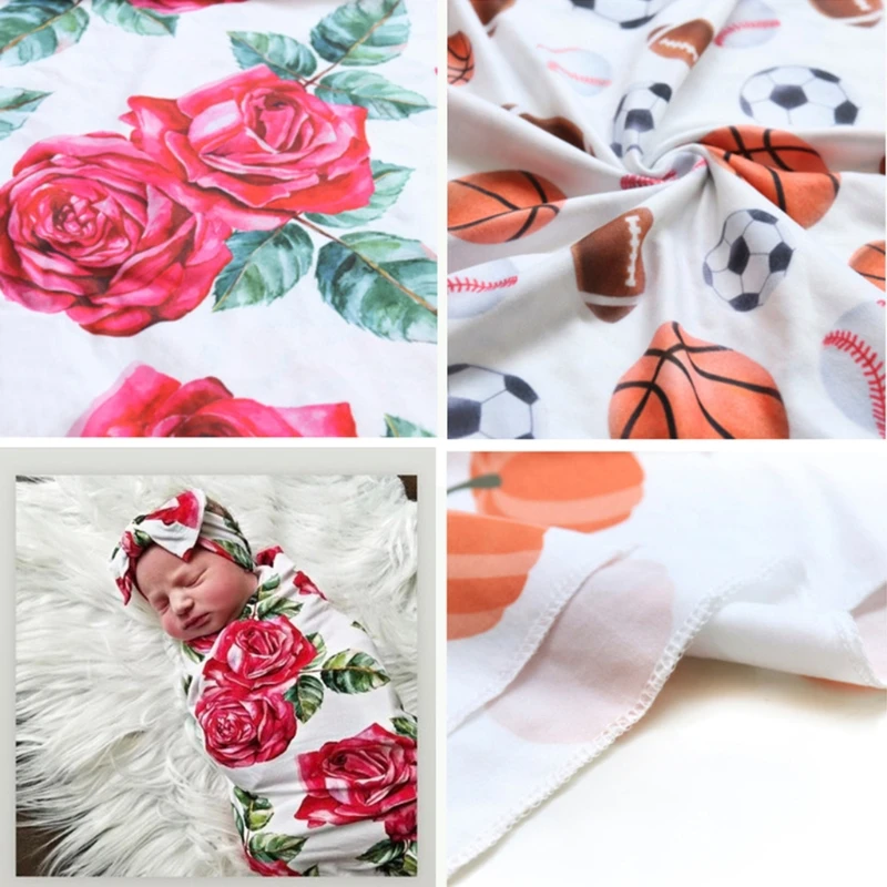 Newborn Photography Prop Baby Blankets Printed Infant Boys Girls Sleeping Swaddle Muslin Wrap Headband Set