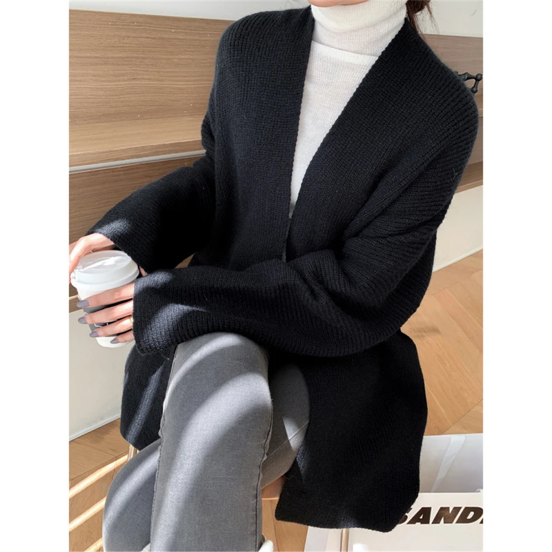 [ZAYAU]Women\'s Spring and Autumn New Lapel Off Shoulder Loose Sweater Simple Bathrobe Wind Belt Sweater Coat