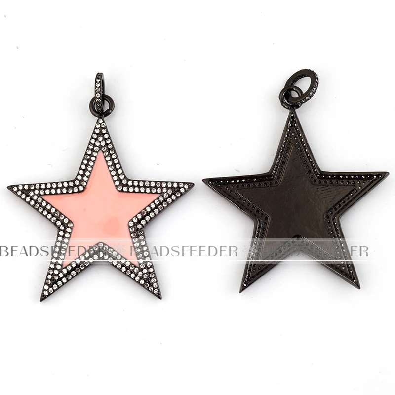 Pink Red White Turquoise Blue Star Focal Pendant Oil Dropped,Micro Paved CZ Cubic Zirconia,Black plated colour, 55mm