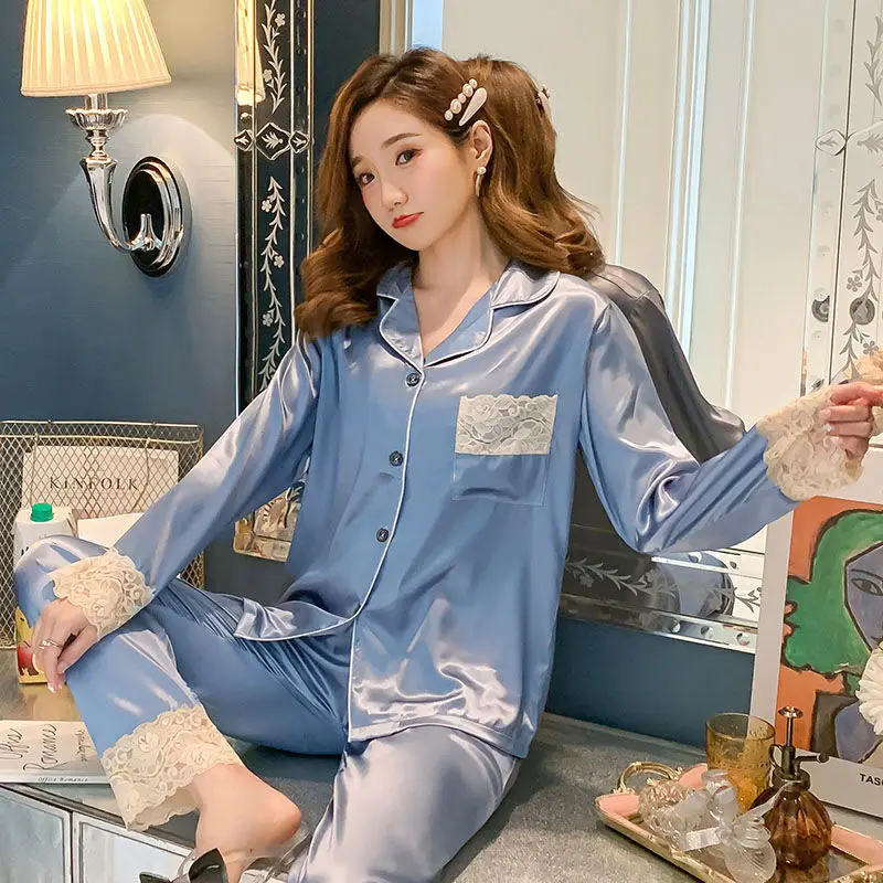 Women Pajama Sets Elegant Lace Long Sleeve Stretch Pants Sexy High Quality Sleepwear Spring Breathable Nightwear Pyjamas 2 Pcs