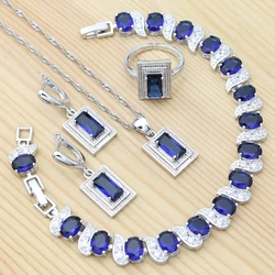 925 Sterling Silver Jewelry Set Blue Cubic Zirconia Square Earrings Pendant Chain Open Ring Bracelet for Women Wedding