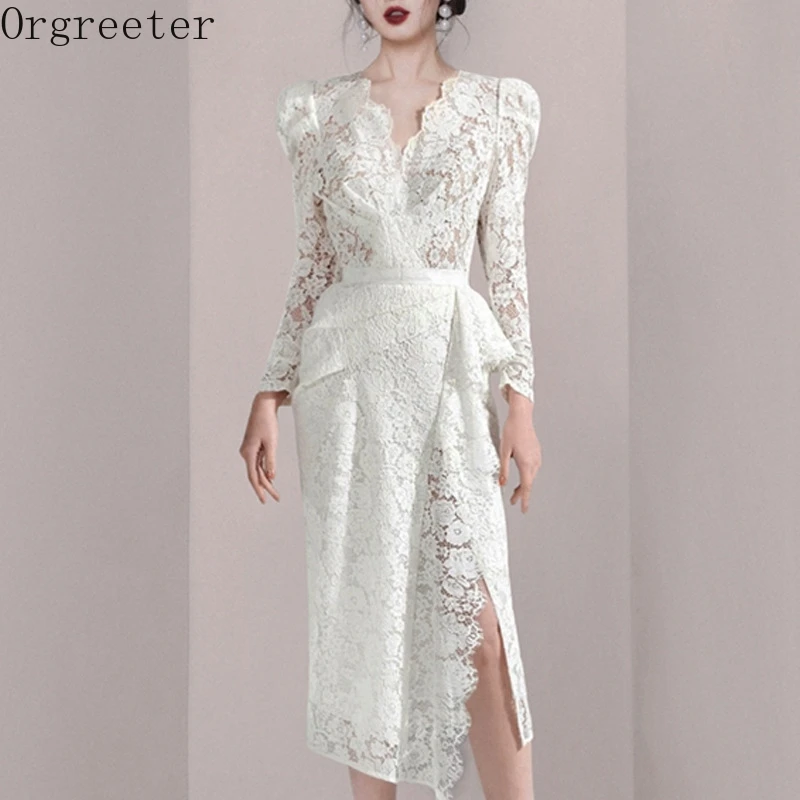 

Spring Fashion New OL Elegant White Lace Dress Runway Sexy V Neck Puff Sleeve Ruffles Bodycon Split Party Midi Dress Women Robe